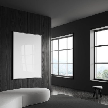 Karanlık ev oturma odasının içinde kanepe, gri granit zeminde yan manzara taburesi. İskandinav gevşeme köşesi ve panoramik pencere. Siyah ahşap duvara tuval posteri yapıştırın. 3B görüntüleme