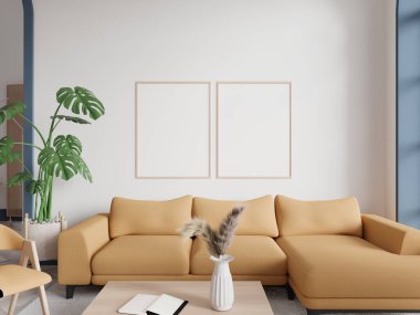 Beyaz duvarları, ahşap zemini, kare sehpanın yanındaki halının üzerinde duran rahat sarı kanepe ve iki dikey maket posterli modern oturma odasının içi. 3d oluşturma