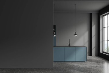 Gri duvarları, beton zemini, lavabosu ve solundaki duvarları taklit eden lacivert bir adası olan şık bir mutfak. 3d oluşturma