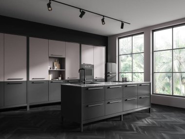 Beyaz ve gri duvarları olan şık bir mutfak, koyu ahşap zemin, fırında yapılmış gri ve pembe dolaplar, lavabosu, ocağı ve penceresinin yanındaki buzdolabı olan rahat bir ada. 3d oluşturma