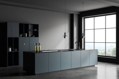 Gri duvarları, beton zemini, koyu mavi dolabı ve tencere ve lavabodan yapılmış rahat mavi adası olan şık bir mutfağın köşesi. 3d oluşturma