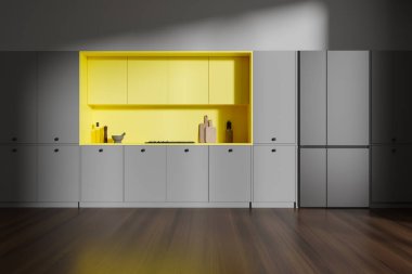 Gri ev mutfağı. Uzun, lüks dolap tasarımı, fırın ve buzdolabı monte edilmiş. Zarif mobilyaları ve koyu ahşap zemini olan yemek odası. 3B görüntüleme