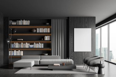 Şık bir ev oturma odası koltuğu ve kanepesi var. Kahve masası ve dekorasyonu olan dinlenme odası, gökdelenlerin panoramik penceresi. Uzay tuvali posterini kopyala. 3B görüntüleme