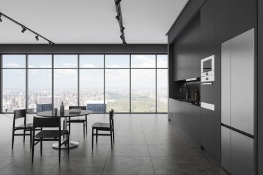 Karanlık otel mutfağının içinde yemek masası ve sandalyeler var. Buzdolabı, fırın ve dolabı olan yemek pişirme alanı, New York gökdelenlerinde panoramik pencere. 3B görüntüleme