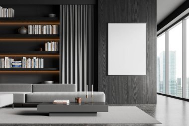 Karanlık ev oturma odasının içi, halıda kanepe, gri granit zemin. Sehpası ve kütüphanesi olan bir salon, gökdelenlerin panoramik penceresi. Tuvalin posterini hazırla. 3B görüntüleme