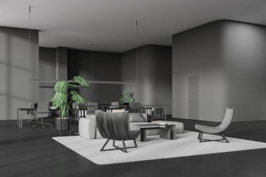 Karanlık bir iş odası, rahat bir yer, koltuklu ve dizüstü bilgisayarlı yan görüş panosu. Mobilyalı ve minimalist dekorasyonlu bir ofis dairesi. 3B görüntüleme
