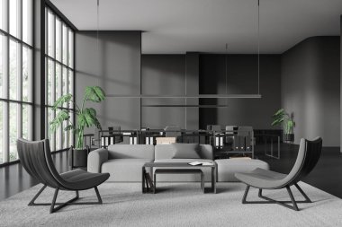 Gri duvarları, beton zemini, rahat gri koltuğu ve iki koltuğu olan, ahşap masaları ve arka planda gri sandalyeleri olan şık ofis bekleme odasının içi. 3d oluşturma