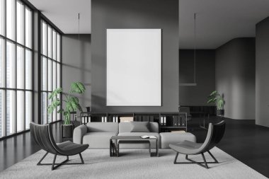 İki koltuk ve kanepe, iş belgeleriyle dolu bir raf, panoramik pencere. Bölmenin arkasında pano olan toplantı odası. Tuvalin maketi posteri. 3B görüntüleme