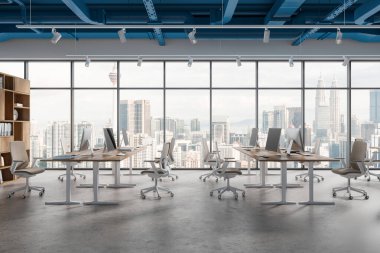 Interior of modern open space office with white walls, blue ceiling pipes and row of computer desks with beige chairs standing near panoramic window with cityscape. 3e rendering clipart