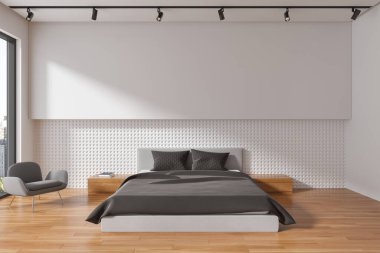 Zarif bir ev yatak odası iç yatak ve koltuk, ahşap döşeme. Ahşap komodinli uyku odası ve gökdelenlerde panoramik pencere. Uzay duvarını kopyala. 3B görüntüleme