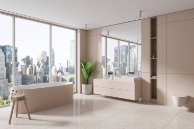 Lüks banyo manzarası, banyo küveti, duvar asılmış tuvalet ve lavabo. New York gökdelenlerinde panoramik pencereli rahat bir açık uzay tasarımı. 3B görüntüleme