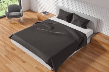 Modern yatak odası manzarası beyaz duvarlar, ahşap zemin, rahat gri kral yatağı iki ahşap komodinli ve rahat gri koltuklu. 3d oluşturma