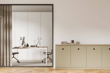 Masada bilgisayar, büfede kitaplar ve cam bölmeler olan bej ofis içi. Mobilyaları ve dekorasyonu olan bir ofis. Boş duvarı taklit et. 3B görüntüleme