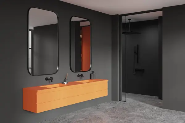 Dark Home Bathroom Interior Orange Vanity Shower Side View Grey — Stock Photo, Image