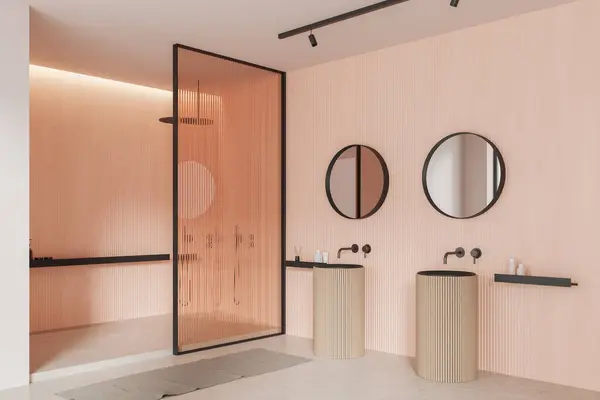 现代浴室的拐角处 有米白相间的墙壁 混凝土地面 带着玻璃门的淋浴间和两个圆形镜子的舒适双池 3D渲染 — 图库照片