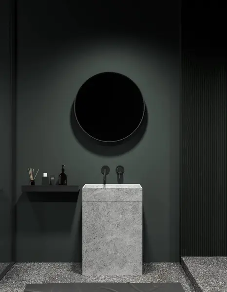 黑暗的酒店浴室内部与水槽和圆形的镜子 石灰花岗岩地板虚荣和简约的架子与凝胶或化妆品 带有洗脸盆的现代浴场 3D渲染 — 图库照片