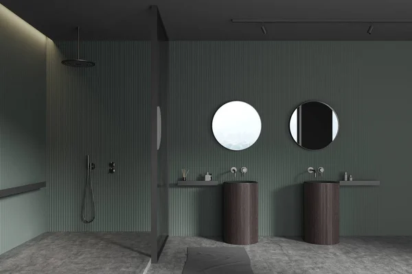 Interior Casa Banho Elegante Com Paredes Verdes Cinzentas Piso Concreto — Fotografia de Stock