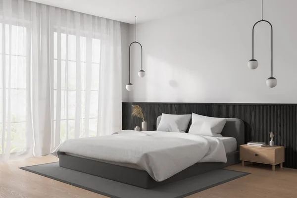 Corner Modern Bedroom White Walls Wooden Floor Comfortable King Size — Stock Photo, Image
