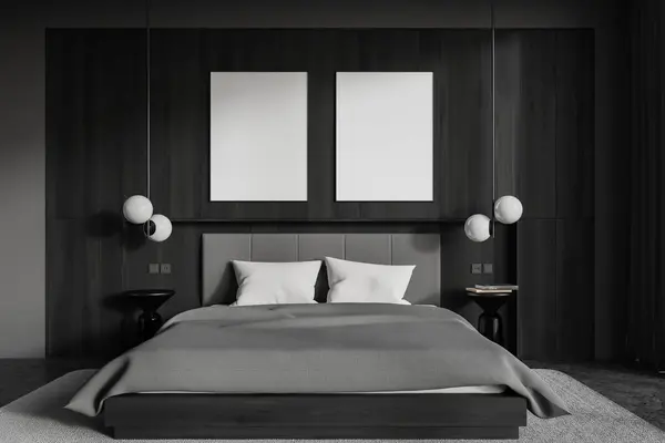 Dunkles Schlafzimmerbett Und Nachttisch Mit Büchern Teppich Auf Grauem Granitboden — Stockfoto
