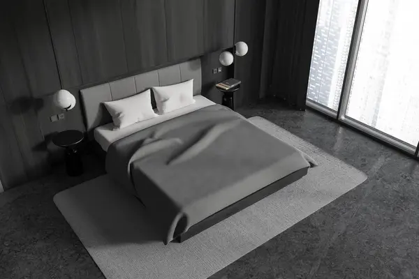 家庭卧房内部的顶部视图与床和床头柜与装饰 地毯上灰色花岗岩地板 在摩天大楼上设有全景窗的放松角落 3D渲染 — 图库照片