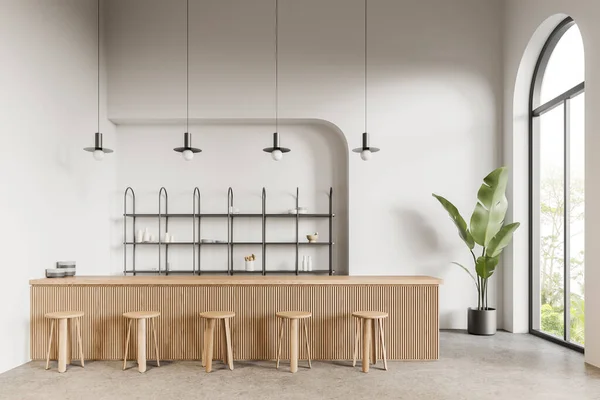 Interior Café Moderno Com Paredes Brancas Piso Concreto Confortável Balcão — Fotografia de Stock