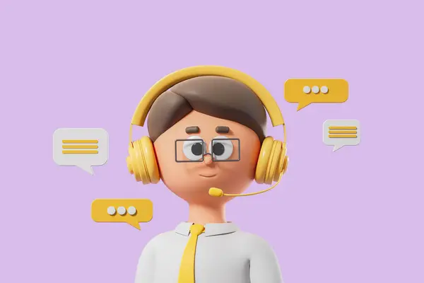 Cartoon character man in headset, portrait with yellow speech and text bubbles on purple background. Concept of customer service, hotline and call center. 3D rendering illustration