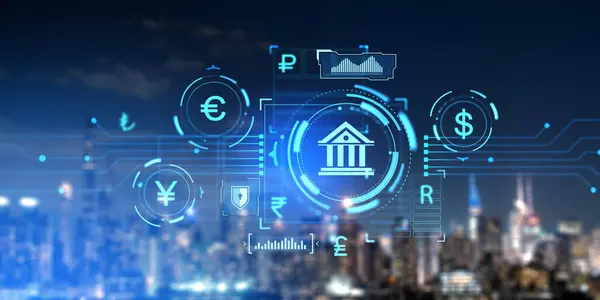 Blurred night skyline, central bank digital currency with circuit board lines. Concept of digital assets, blockchain, transaction, payment and business technology
