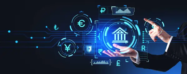 Biznesmen Trzyma Ręku Hologram Cyfrowy Banku Centralnego Wskaźnikami Ikonami Dotykania — Zdjęcie stockowe