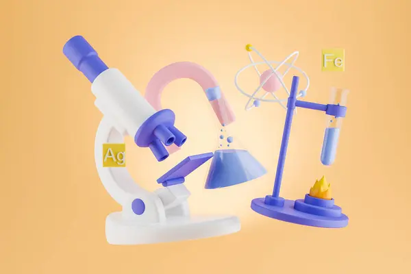 Science and chemistry experiments, chemical elements icons with microscope and atom, heating a test tube and substance creating. Concept of laboratory and equipment. 3D rendering illustration