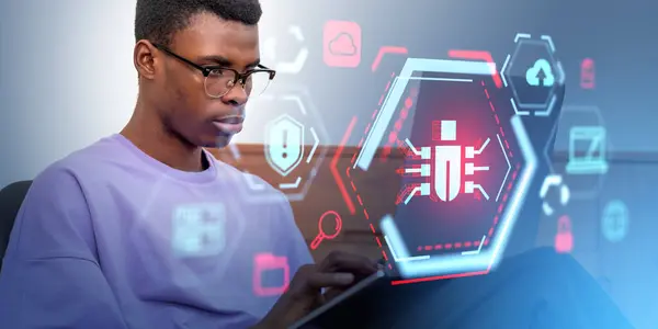 Black Young Man Portrait Typing Computer Bug Detection Online Security — Stock Photo, Image