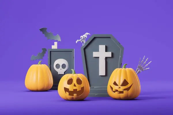 Skrämmande Tecknad Halloween Pumpor Och Gravsten Skelett Händer Och Flygande — Stockfoto