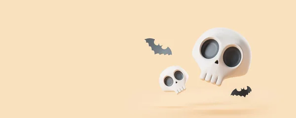かわいい白と黒のハロウィーンの頭蓋骨とベージュのコピースペースの背景上のコウモリのバットのビュー ハロウィンのお祝いのコンセプトと不気味な時間 3Dレンダリング — ストック写真