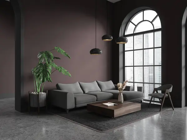 Dark relax room interior with sofa and armchair, side view coffee table on carpet with decoration. Lounge corner with partition, arched panoramic window on skyscrapers. 3D rendering