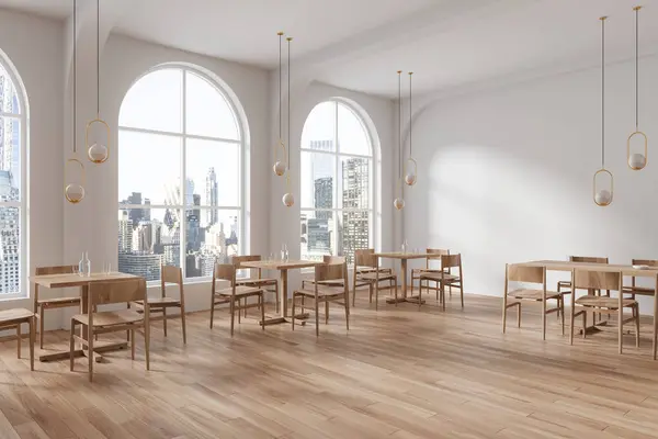 Cozy cafe interior with wooden chairs and table in row, side view hardwood floor. Stylish eating corner in modern cafe. Panoramic window on New York skyscrapers. 3D rendering