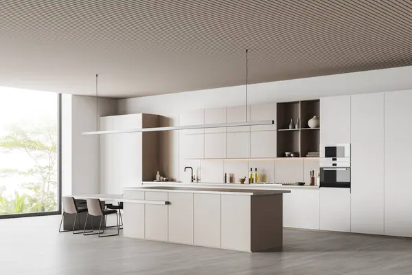 Corner of modern kitchen with white walls, concrete floor, white and beige cabinets with built in cooker and sink, cozy beige island with attached table and beige chairs. 3d rendering