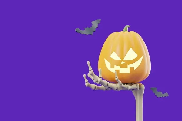 Skeleton Hand Holding Smiling Scary Cartoon Halloween Pumpkin Glowing Eyes — Stock Photo, Image