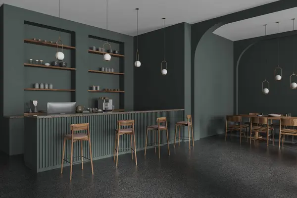Dark green cafe interior with wooden chairs and table, side view grey granite floor. Coffee shop or restaurant with cash desk, counter and dining corner under arch ceiling. 3D rendering