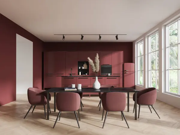 Rote Hotelküche Mit Esstisch Und Stühlen Theke Mit Schrank Und — Stockfoto