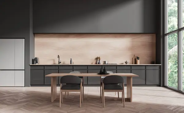 Gemütliche Wohnküche Mit Esstisch Und Stühlen Hartholzboden Holz Und Dunkel — Stockfoto