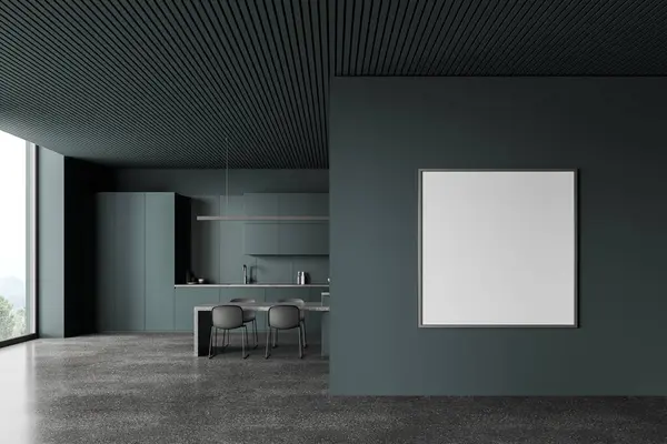 Interior Cozinha Elegante Com Paredes Verdes Piso Concreto Confortáveis Armários — Fotografia de Stock