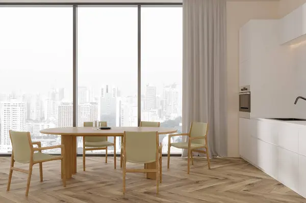 Gemütliche Wohnküche Mit Esstisch Und Stühlen Hartholzboden Holz Weißer Ess — Stockfoto