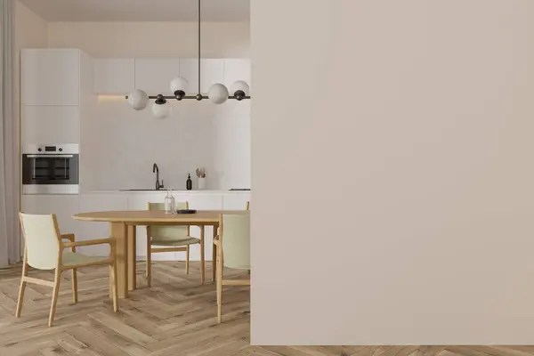 Interior Modern Kitchen White Walls Wooden Floor Comfortable White Cupboards — Stock Photo, Image