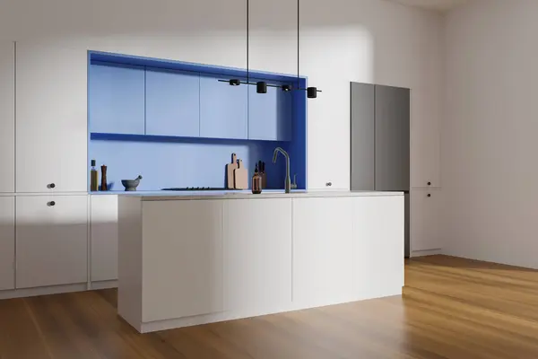 Cozy home white and blue kitchen interior with bar island, side view stove and sink. Cabinet with fridge and kitchenware, cooking corner in modern apartment. 3D rendering
