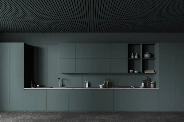 Interior Cozinha Verde Escuro Com Prateleiras Armário Com Utensílios Cozinha — Fotografia de Stock