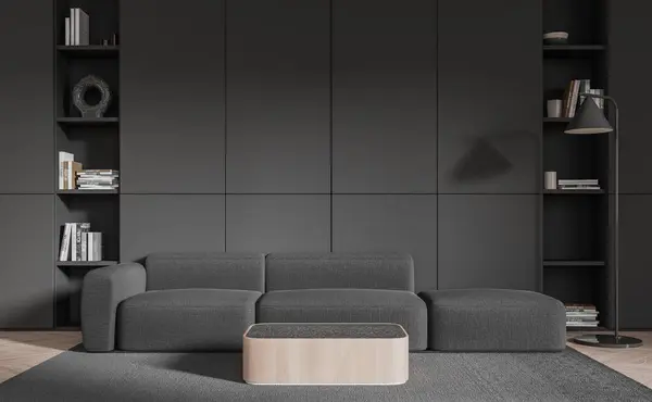 Interieur Des Stilvollen Wohnzimmers Mit Holzboden Bequemer Grauer Couch Auf — Stockfoto