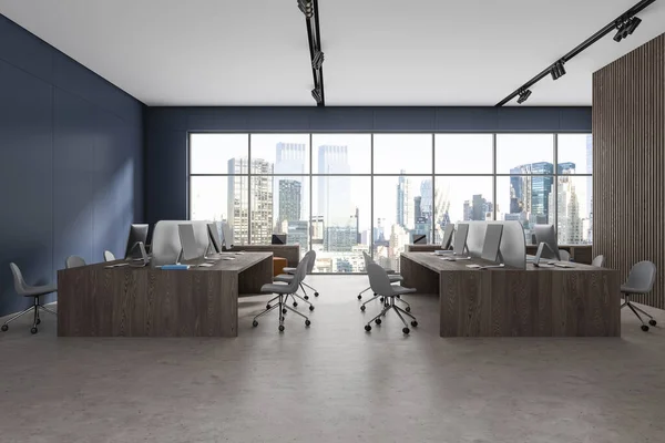 Modern Blue Coworking Interior Armchairs Computers Wooden Shared Desk Concrete — Stock Photo, Image