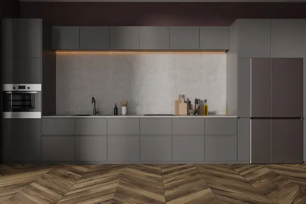 Interior Stylish Kitchen Gray Walls Dark Wooden Floor Comfortable Gray — Stock Photo, Image