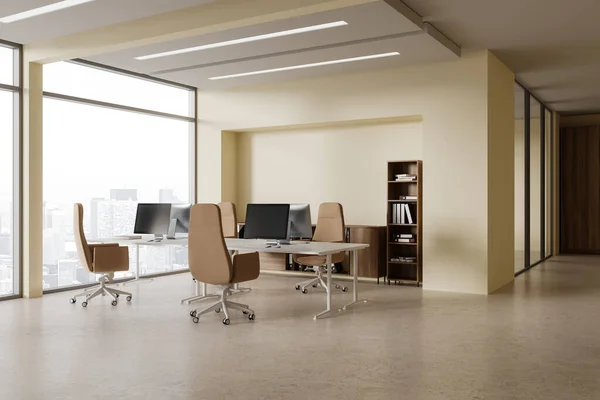 Corner of modern open space office with yellow walls, concrete floor, row of white computer tables with beige chairs and panoramic window with cityscape. 3d rendering