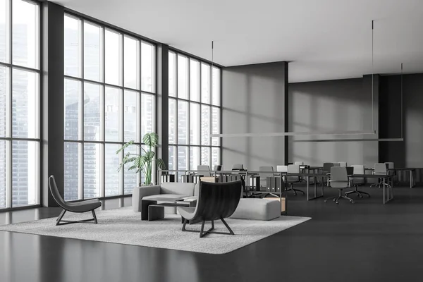 Grey business room interior with chill space and couch, side view conference corner with armchairs and laptop. Modern loft with panoramic window on skyscrapers. 3D rendering