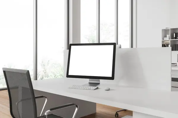 Interno Affari Bianco Con Monitor Bianco Sala Coworking Vista Laterale — Foto Stock